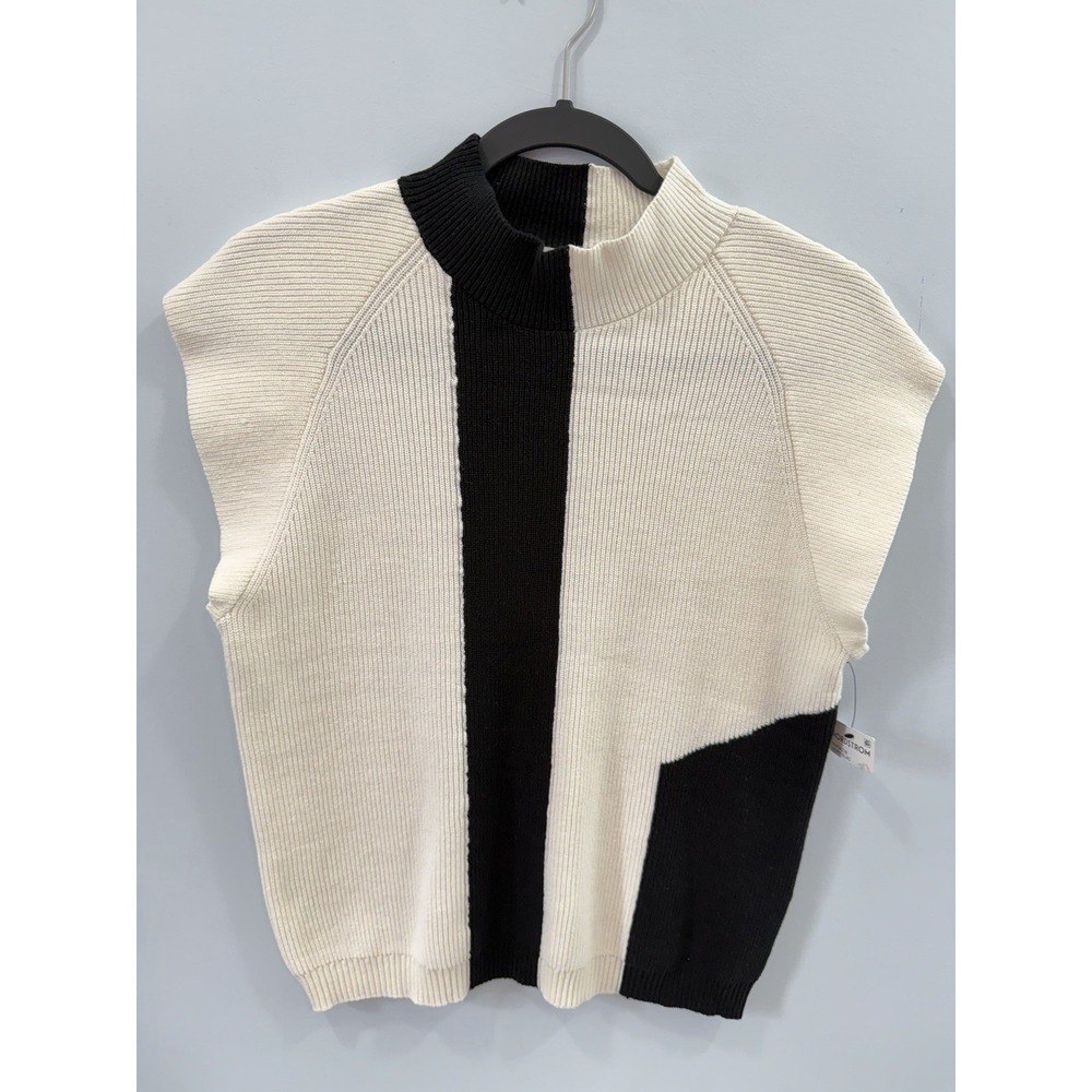 DKNY Women's M Colorblock Mock Neck Ribbed Knit Sweater Black Cream NWT Preppy